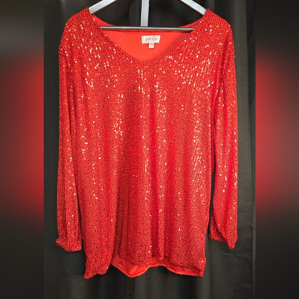 Jess Lea Formal Women's Blouse Star Of The Show Red Sequin Blouse‎ SIZE 2XL